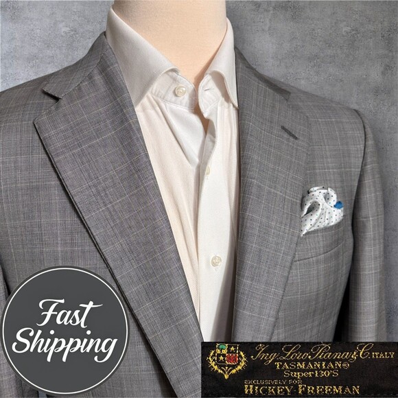 HICKEY FREEMAN Mens 42L Gray Wool Blazer Sport Coat Two Button Windowpane Jacket - Picture 1 of 14
